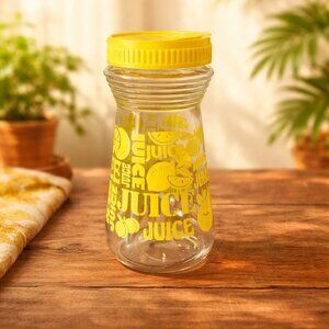 Vintage Yellow Juice Glass Carafe Retro Lemon Print w/ Lid